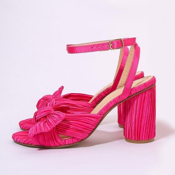 🆕 Women Pink Ankle Strap Bowknot Chunky Wedding Party Dress Shoes Heeled Sandal - Picture 3 of 9
